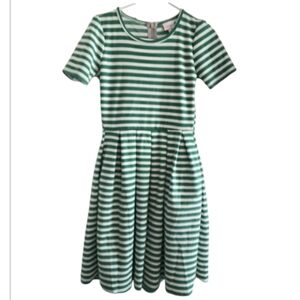 LULAROE Small Dress with Pockets green white silver glitter Stripe Midi Preppy